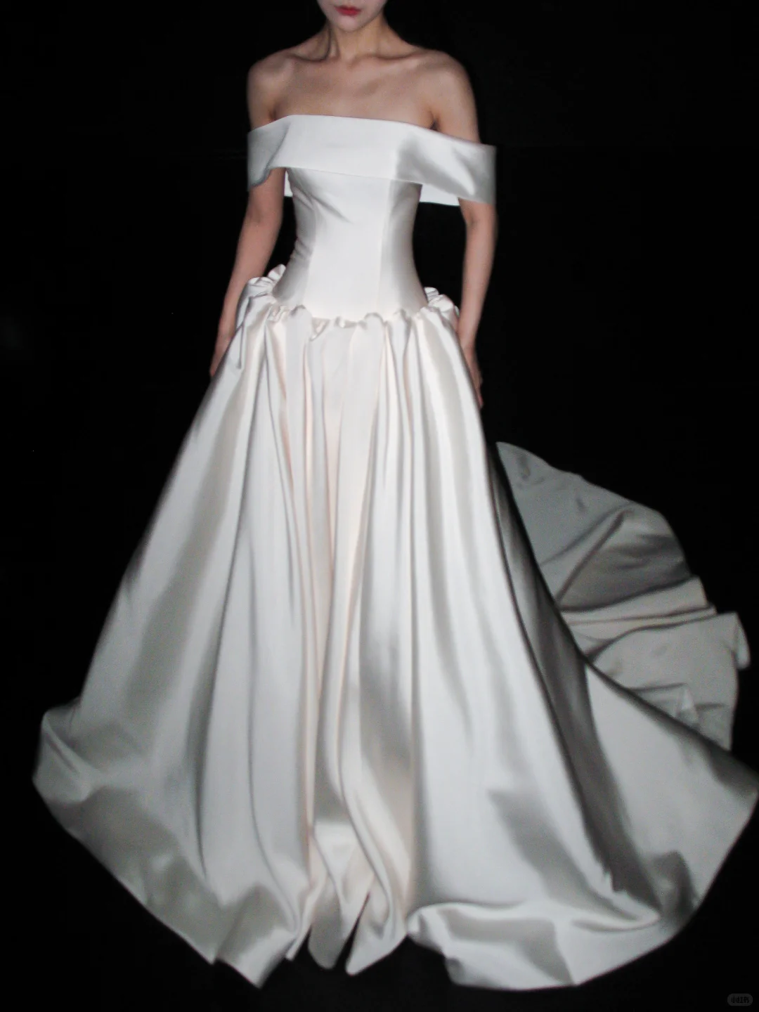 Elegant White Ball Gown Off the Shoulder Satin Long Train Wedding Dress SH8896