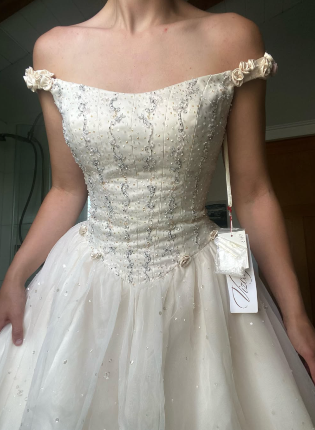 Retro A Line Off the Shoulder Beaded Light Apricot Satin Tulle Wedding Dress SH5945