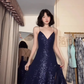 Dark Navy Blue A Line Spaghetti Straps Sequin Prom Dress Party Dress with Slit SH5057