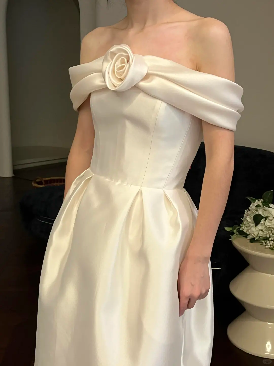 Cute A Line Off the Shoulder White Rose Satin Wedding Dress SH5078