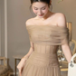 Simple A Line Off the Shoulder Mocha Tulle Long Prom Dress Evening Dress SH4671
