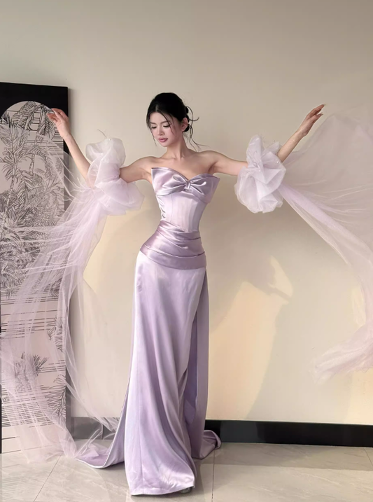 Romantic Purple Mermaid Bow Satin Tulle Long Prom Dress Formal Dress SH3666