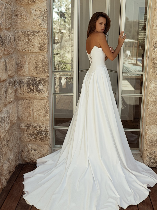 Classic A Line Strapless White Satin Long Prom Dress Wedding Dress SH4708