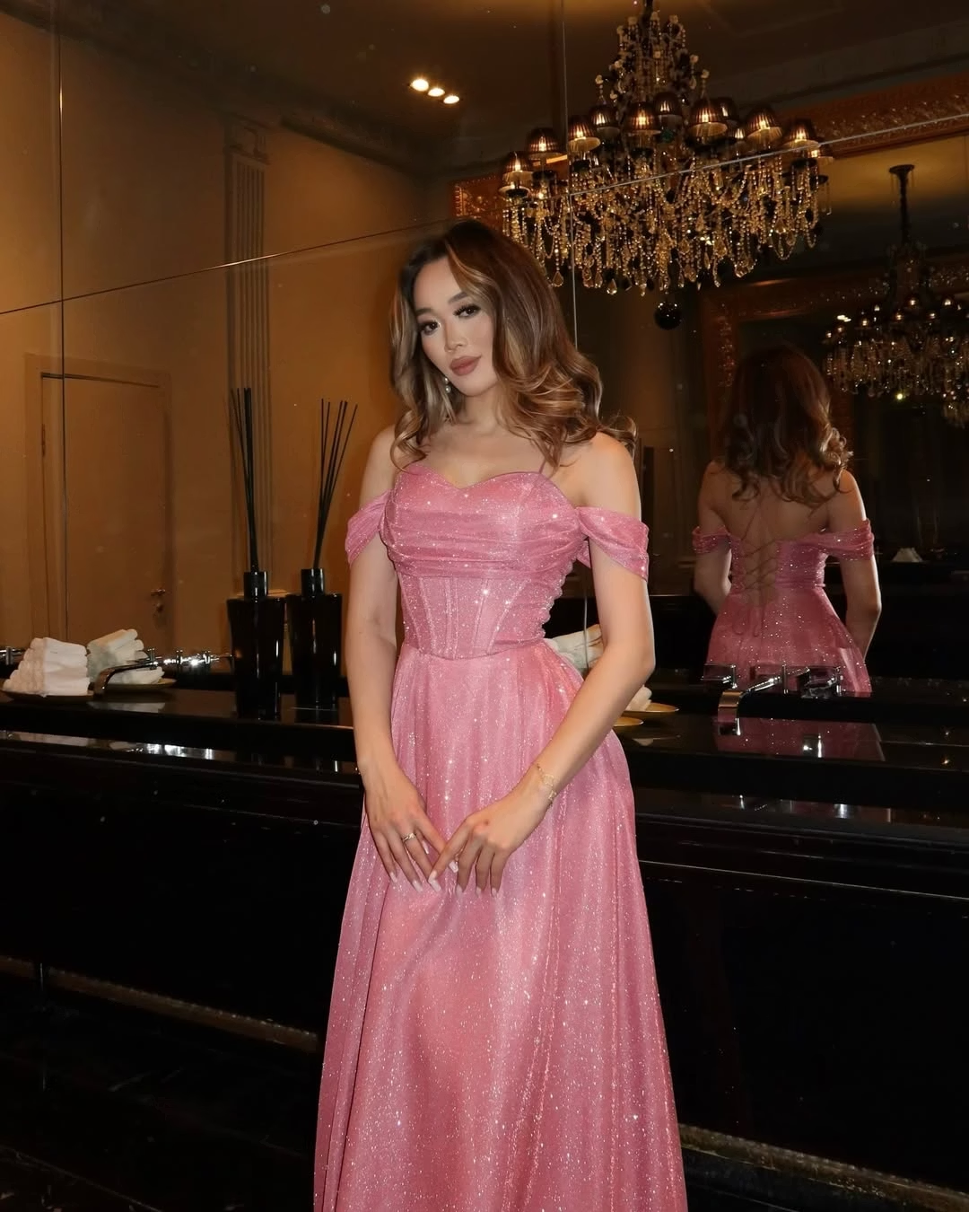 Shiny Pink A Line Off the Shoulder Sequin Prom Dress Evening Dress SH8537