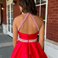 Red Ball Gown Halter Beaded Satin Long Prom Dress Evening Dress SH6584