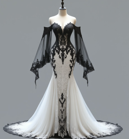 Unique Mermaid Long Sleeve Black White Lace Tulle Long Prom Dress Evening Dress SH2267