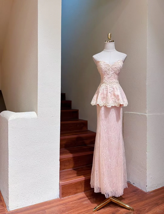 Vintage Pink Mermaid Sweetheart Neck Beaded Lace Long Prom Dress SH5209