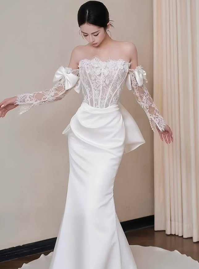 Pretty Mermaid Strapless Bow White Lace Satin Long Sweep Prom Dress Wedding Dress SH4646