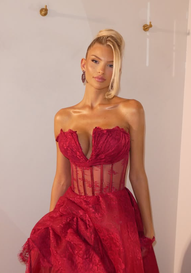 Charming Red A Line Strapless Corset Lace Long Prom Dress Evening Dress SH6546