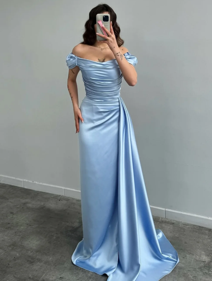 Blue A Line Off the Shoulder Pleated Satin Long Prom Dress Evening Dress SH7320