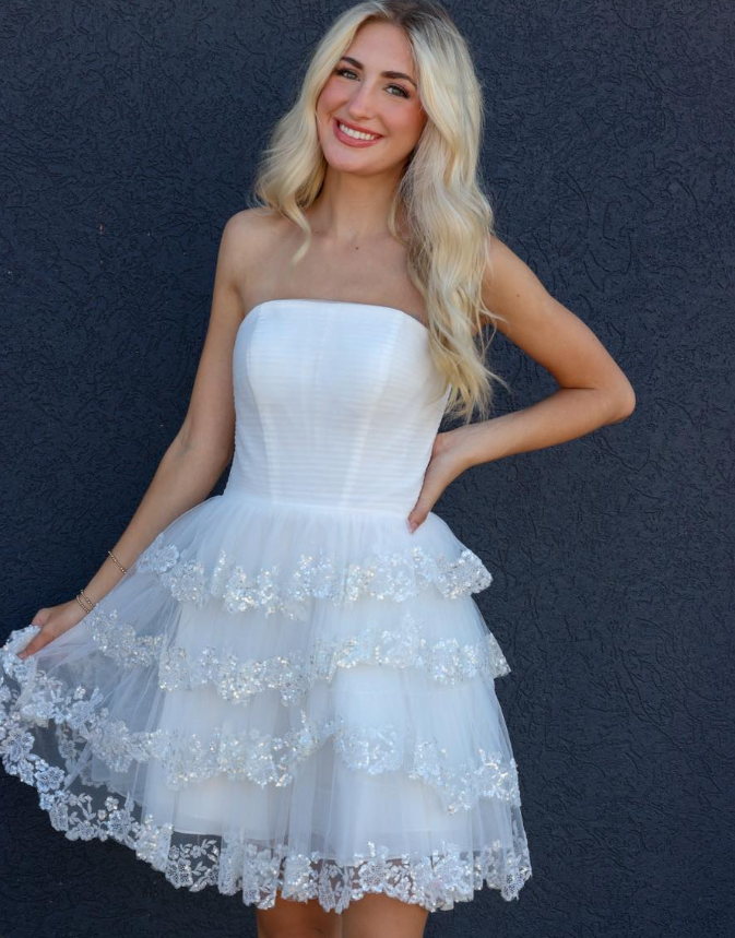 Simple White A Line Strapless Layered Sequin Tulle Short Homecoming Dress SH6789