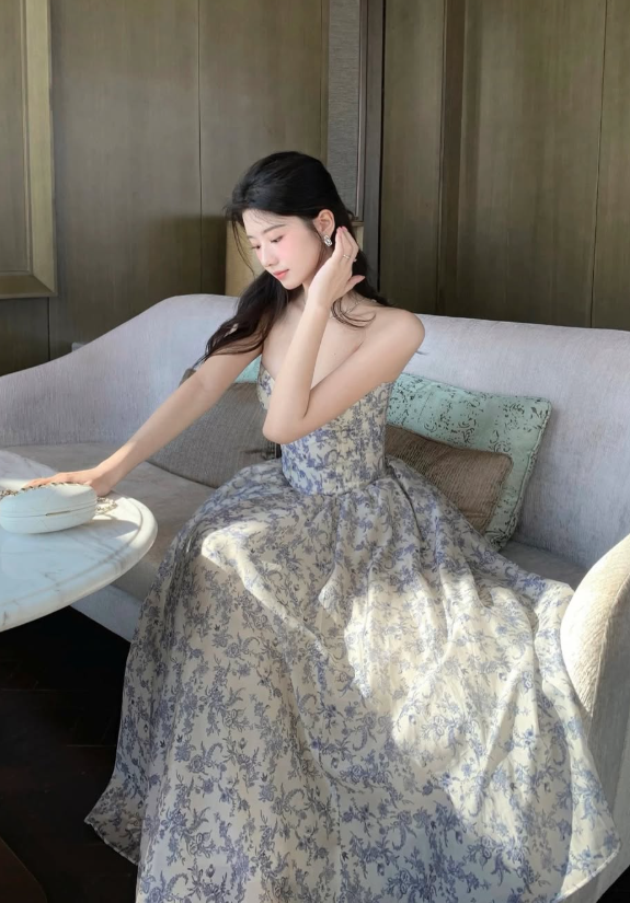 Blue Print Floral A Line Sweetheart Neck Chiffon Long Prom Dress Evening Dress SH8795
