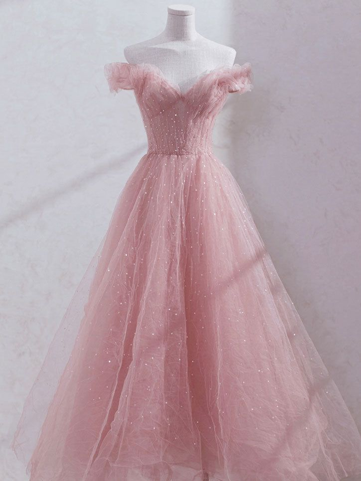 Cute Pink Princess Tulle Sequin Prom Dress Off The Shoulder Evening Dress SH1046