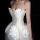 Unique A Line Strapless 3D Floral White Satin Tulle Long Wedding Dress SH5964