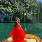 Charming Red A Line V Neck Organza Long Prom Dress Vacation Dress SH4809