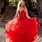Beautiful A Line Spaghetti Straps Red Lace Layered Organza Long Prom Dress Date Dress SH6506