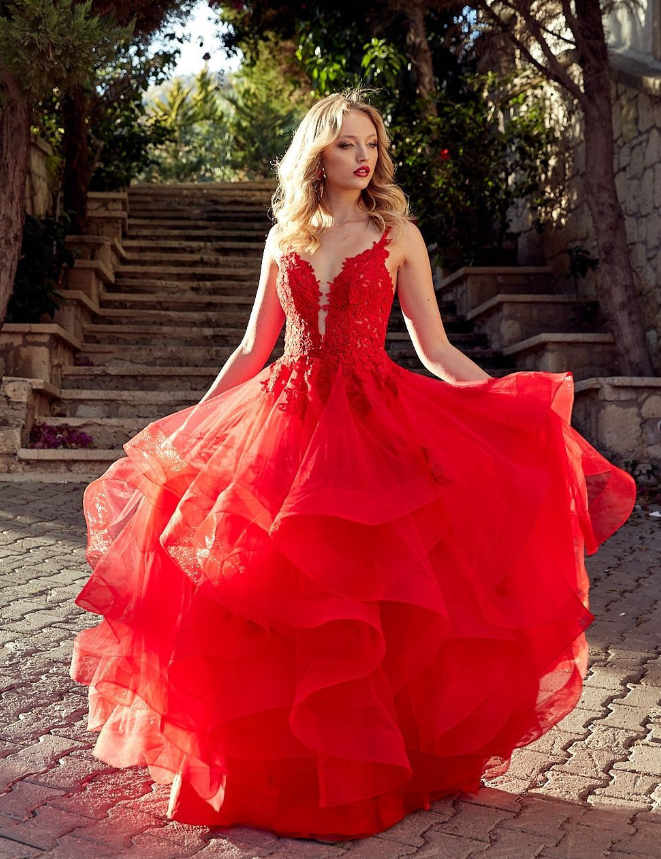 Beautiful A Line Spaghetti Straps Red Lace Layered Organza Long Prom Dress Date Dress SH6506