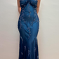 Vintage Mermaid Halter Beaded Navy Blue Chiffon Prom Dress Evening Dress SH2066