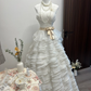 Vintage A Line Sweetheart Neck Layered White Chiffon Long Prom Dress Wedding Dress SH3031