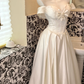 White Classy Ball Gown Off the Shoulder Pearl Satin Long Prom Dress Wedding Dress SH3857