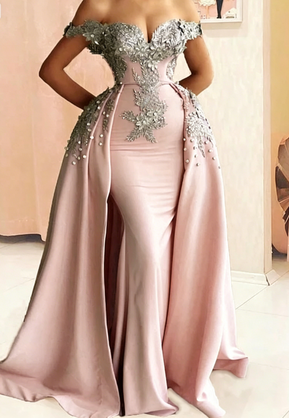 Mermaid Evening Dress Off Shoulder Silver Lace Embroidery Prom Dresses SA692