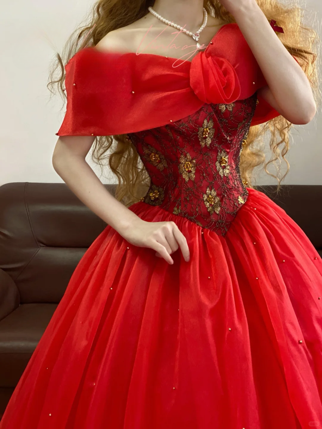 Vintage Red Ball Gown Off the Shoulder Beaded Tulle Prom Dress 16th Birthday Dress SH4958