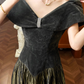 Vintage Olive Green A Line Off the Shoulder Velvet Satin Long Prom Dress SH5173
