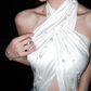 Simple High-class A Line Halter Pearl White Satin Backless Long Wedding Dress SH6668