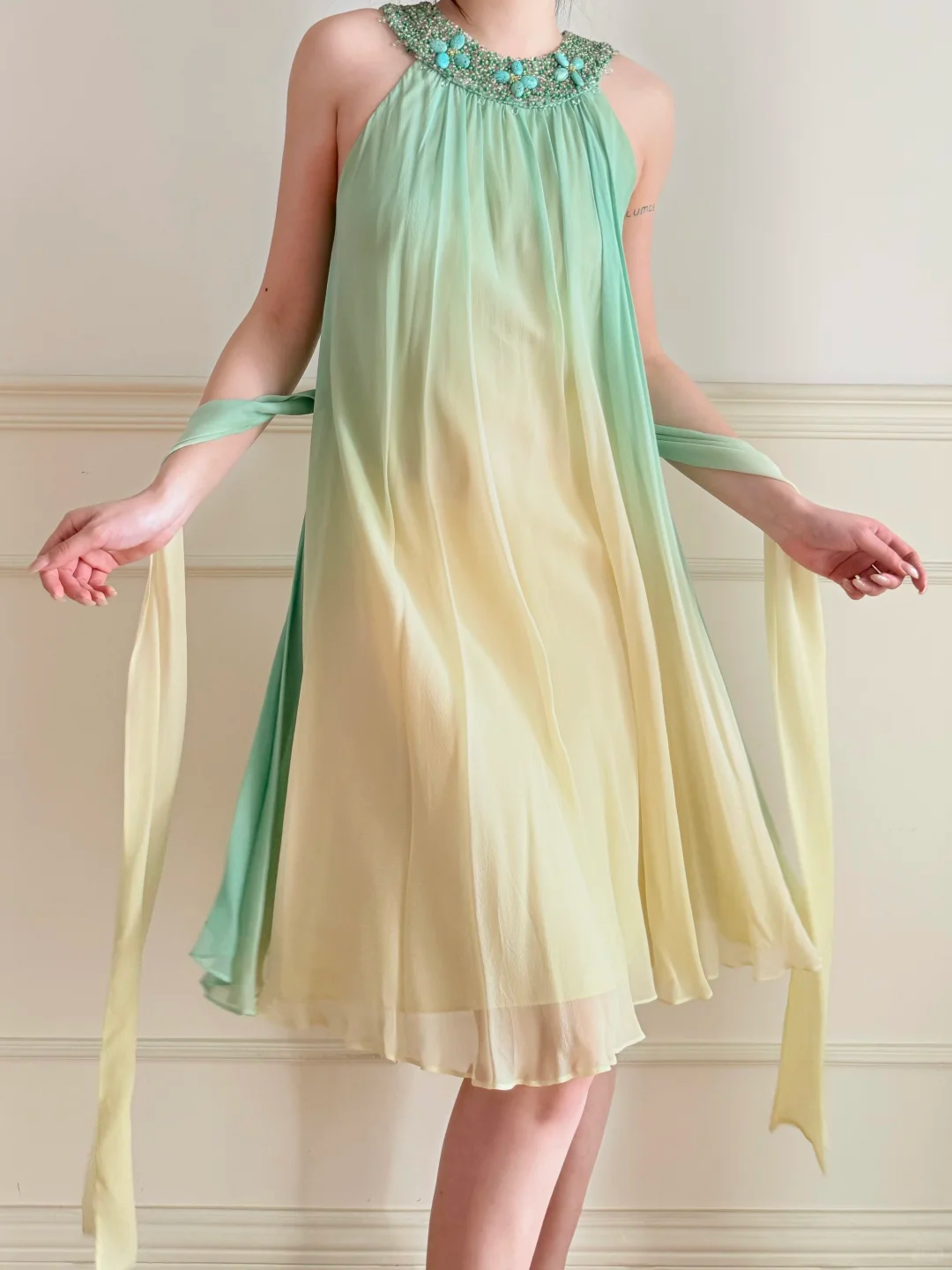 Vintage Yellow Green Ombre Beaded Chiffon Knee Length Wedding Guest Dress Prom Dress SH5442