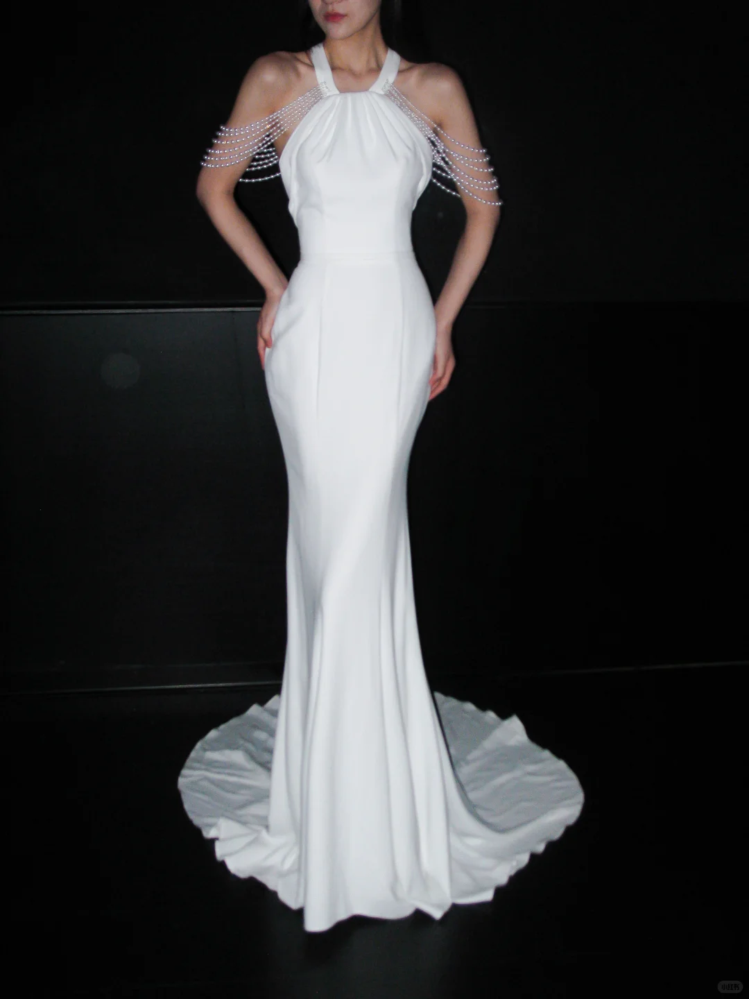 Chic Mermaid Halter White Pearl Satin Backless Wedding Dress SH8915