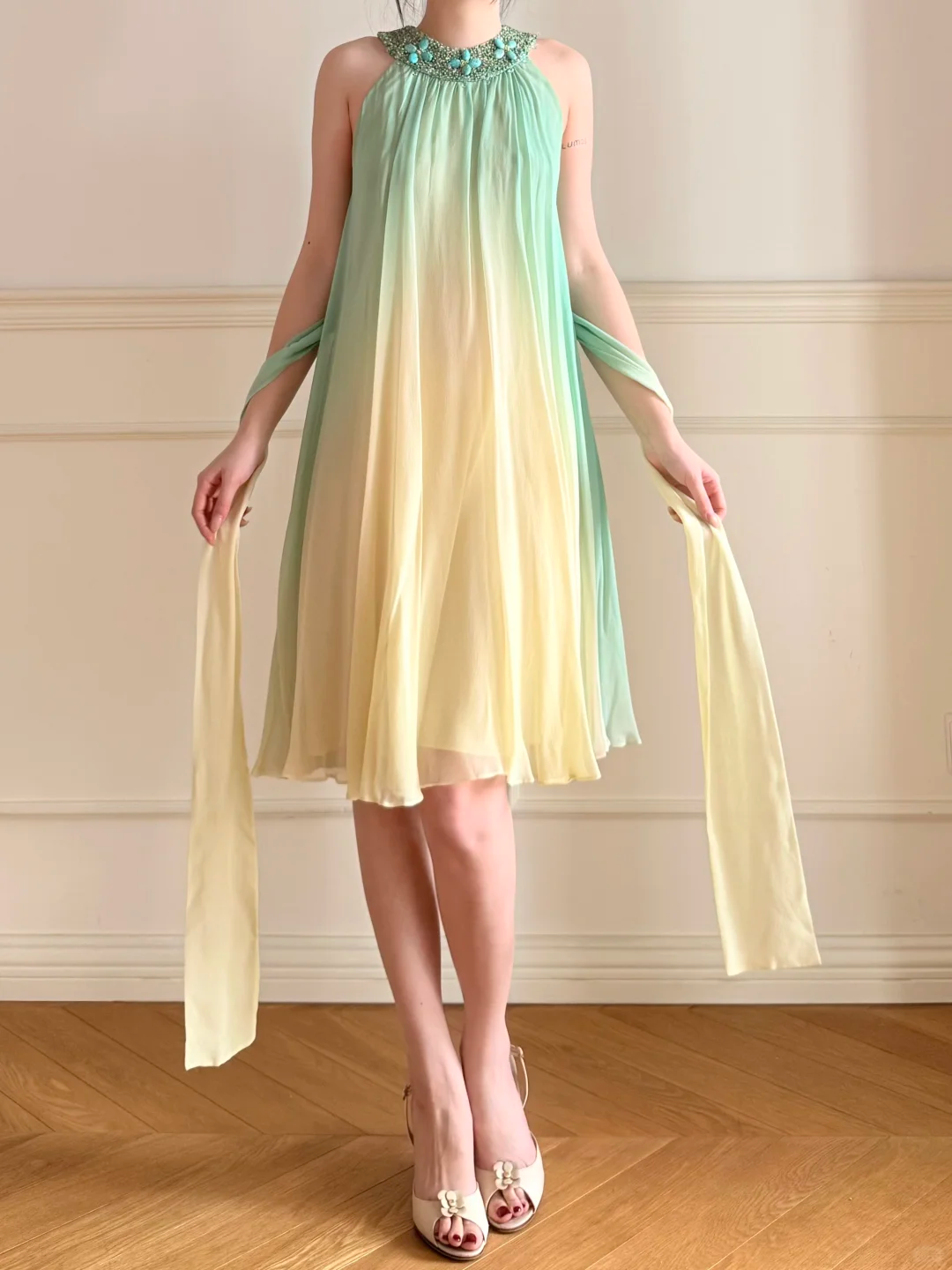 Vintage Yellow Green Ombre Beaded Chiffon Knee Length Wedding Guest Dress Prom Dress SH5442