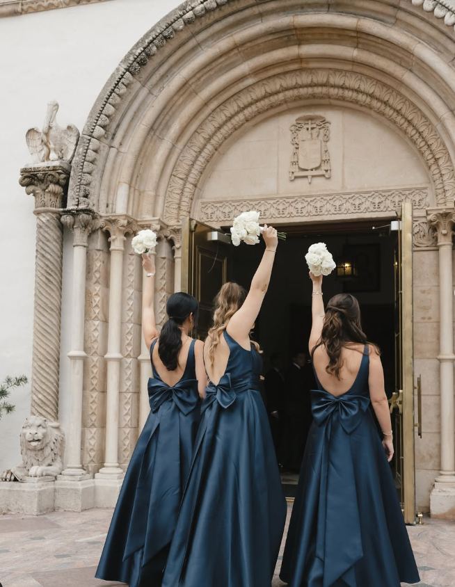 Navy Blue Mermaid V Neck Satin Long Bridesmaid Dress Evening Dress with Bow SH3272