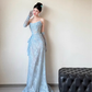 Blue Mermaid Strapless Pleated Blue Lace Long Party Dress Evening Dress SH3380