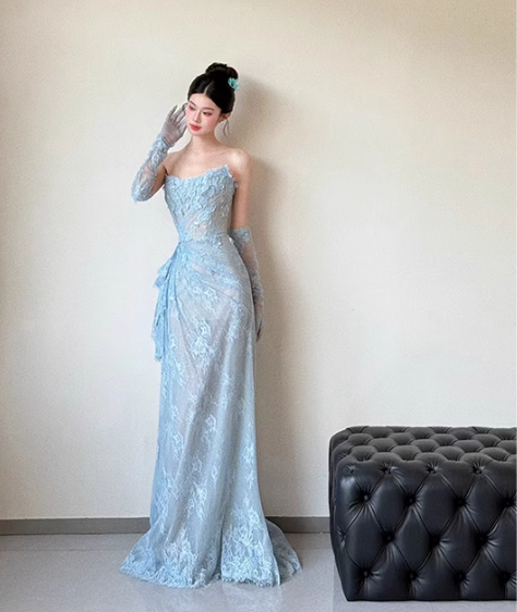 Blue Mermaid Strapless Pleated Blue Lace Long Party Dress Evening Dress SH3380