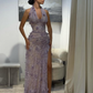 Purple Sheath V Neck Beaded Lace Open Back Prom Dress Evening Dress with Slit SH4436