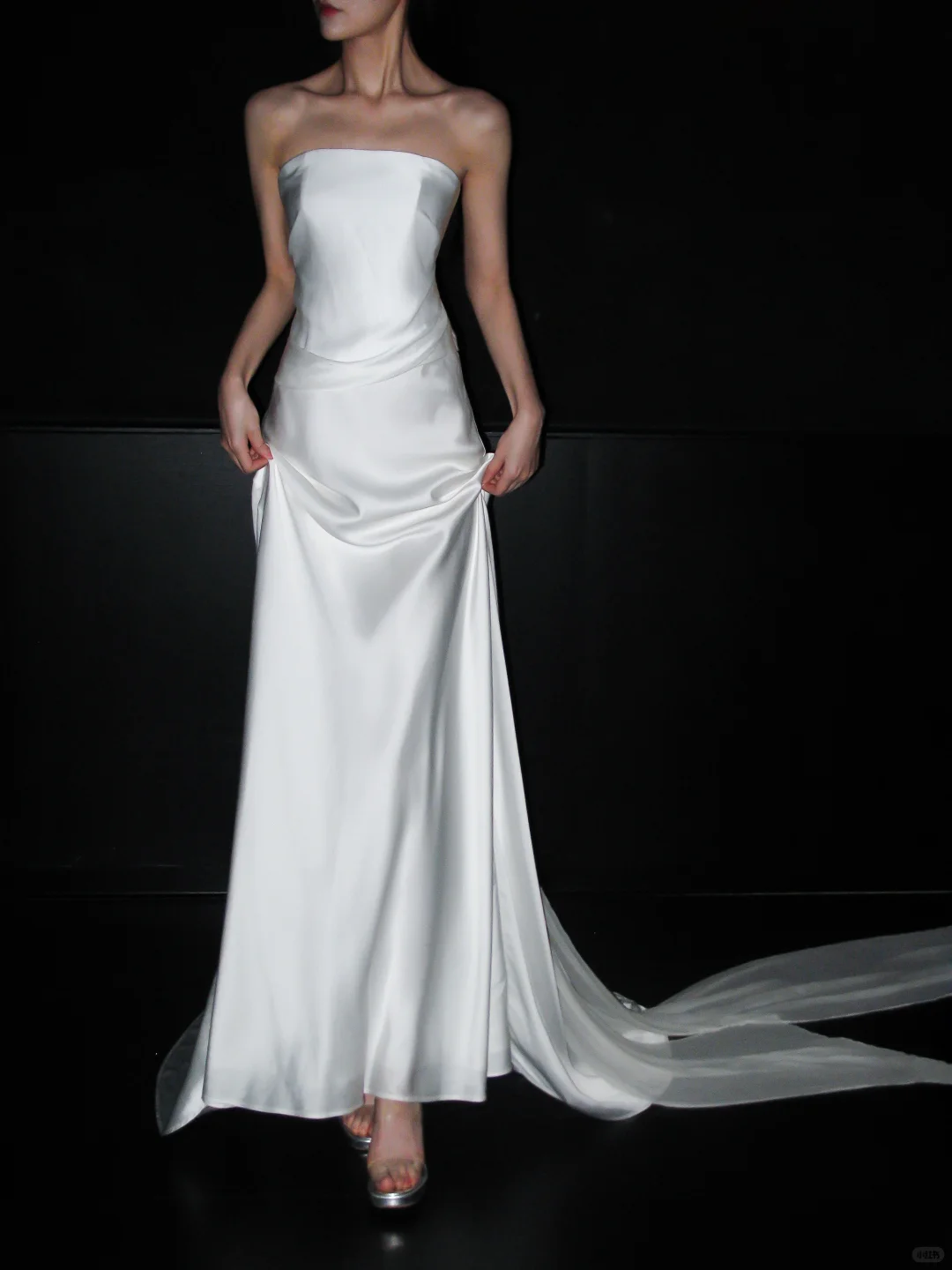 Elegant A Line Strapless White Satin Chiffon Long Wedding Dress SH5961