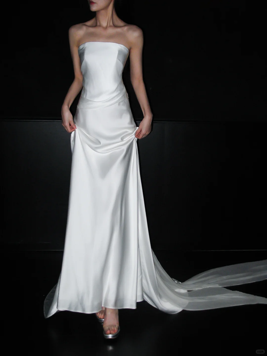 Elegant A Line Strapless White Satin Chiffon Long Wedding Dress SH5961