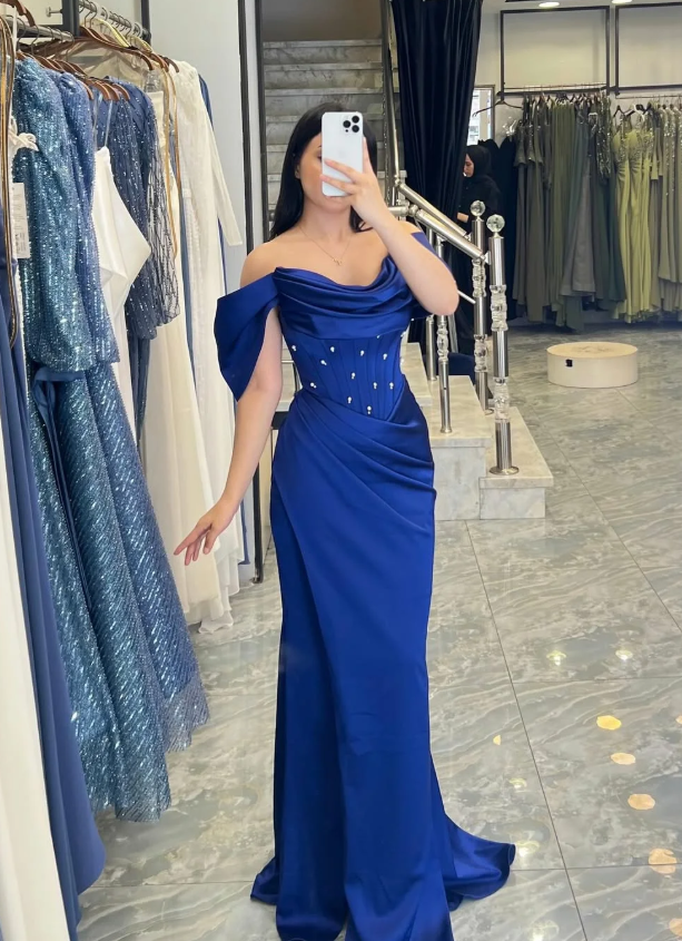 Royal Blue Sheath Off the Shoulder Beaded Corset Satin Long Prom Dress Evening Dress SH7316