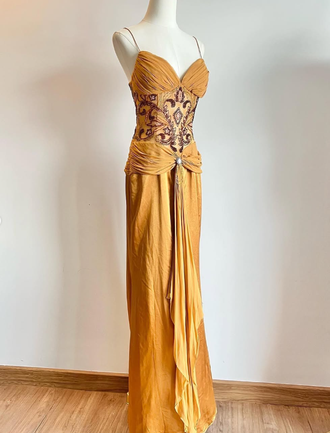 Vintage Sheath Spaghetti Straps Beaded Chiffon Satin Long Prom Dress Party Dress SH4942