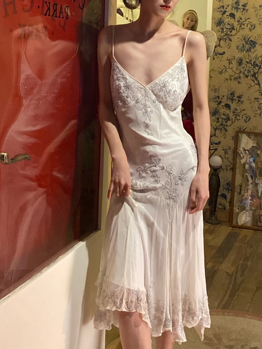 Vintage White A Line Spaghetti Strap Beaded Chiffon Prom Dress 22th Birthday Dress SH4412