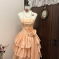 Cute Vintage A Line Strapless Layered Flower Coral Sands Satin Short Homecoming Dress Cocktail Dress SH2986