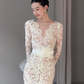 Stunning Mermaid Long Sleeve V Neck Lace Long Train Wedding Dress with Slit SH7724