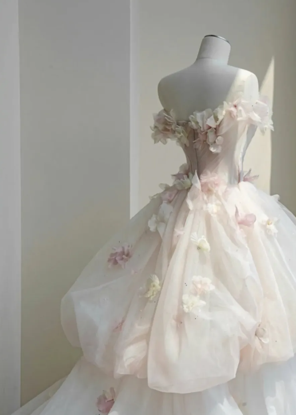 Floral A Line Off the Shoulder Pink Tulle Party Dress Evening Dress SH3374