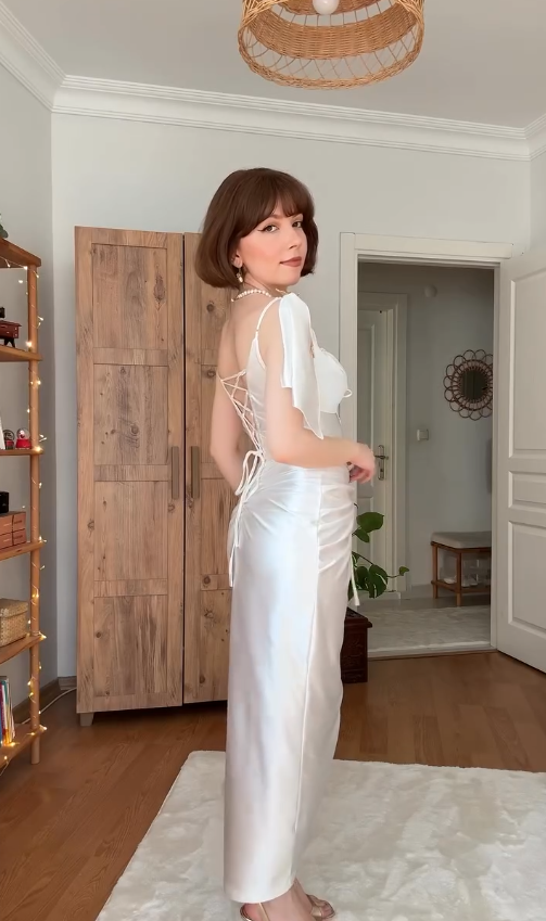 White Elegant Sheath Spaghetti Strap Classic Satin Prom Dress Outfits SH4864