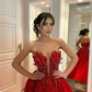 Red Charming Layered Beaded V Neck Satin Long Prom Dress Party Dress with Slit SH3495