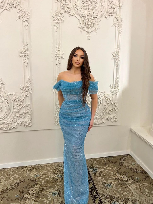 Gentle Blue Sheath Off the Shoulder Sequin Long Prom Dress Evening Dress SH3891