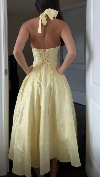 Deep V Neck Yellow Halter A Line Prom Dress SH1551