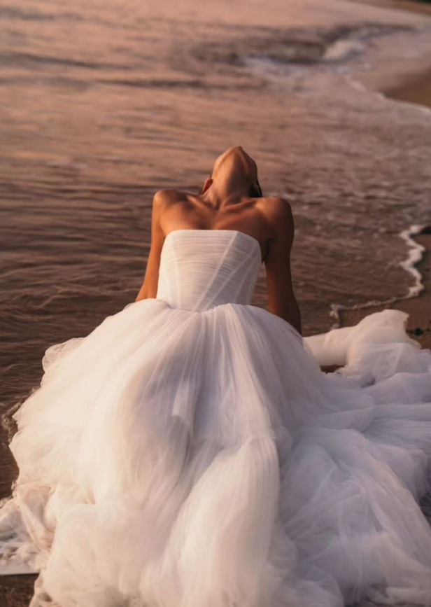 Flowy A Line Strapless Corset White Tulle Long Wedding Dress SH6194