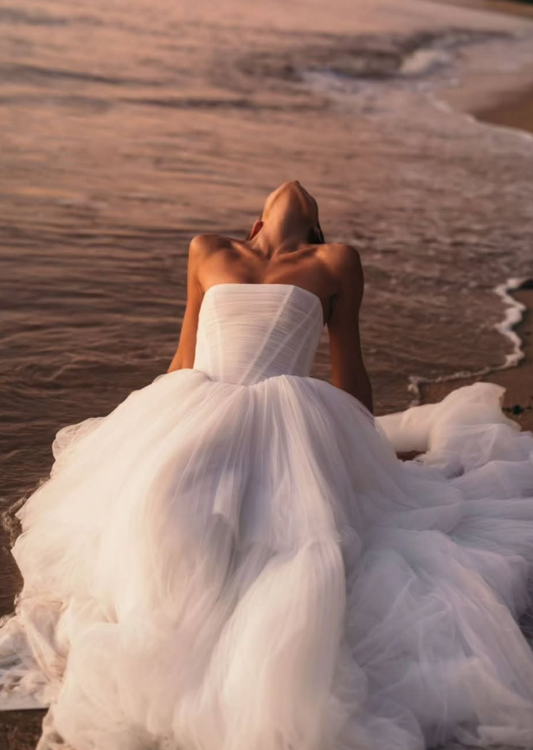 Flowy A Line Strapless Corset White Tulle Long Wedding Dress SH6194