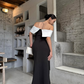 Classic Black-White Mermaid Off the Shoulder Satin Long Prom Dress with Slit SH5292